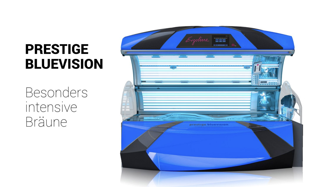 Ergoline Prestige Bluevision Sonnenbank mit blauer Beleuchtung und der Aufschrift Besonders intensive Bräune